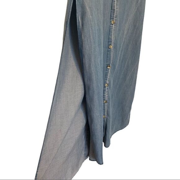 Thread + Supply | Medium Wash Chambray Long Side Slit Sleeveless Button Shirt S - Picture 3 of 6